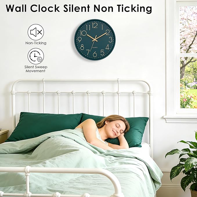 Lumuasky Wall Clock,Battery Operated Modern Analog Silent Non-Ticking Decorative Emerald Clock for School Office Classroom Bedroom Kitchen Living Room Nursery Decor (12 inch)