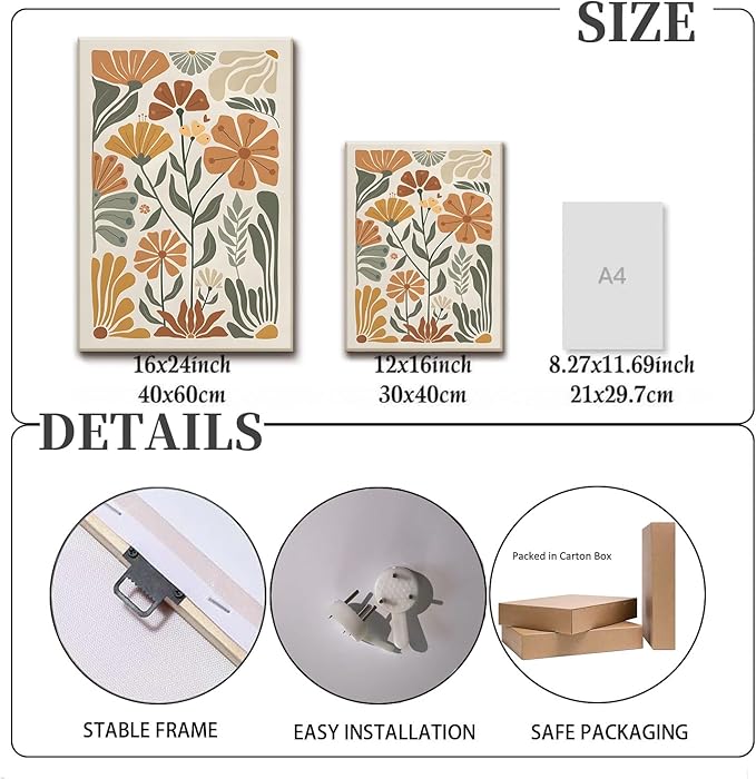 KISSFOX Framed Canvas Wall Art Abstract Floral Botanical Print Set of 3 Green Beige Wildflower Flower Market Paintings Boho Modern Minimalist Pictures Decor Bedroom Bathroom Living Room 16"x24"
