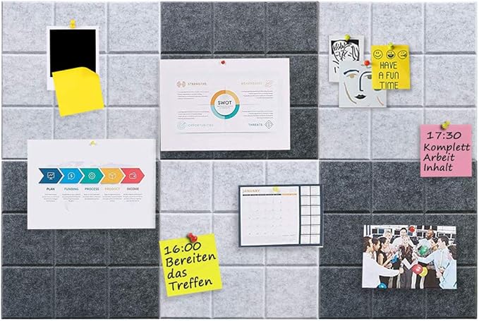Large Felt Board Tiles for Wall with Pack of 6 Pin Board Notice Boards for Home Office Kitchen, Bulletin Board Wall Tiles for Photos Memos (Drak Grey+Light Grey, 6 Pack)