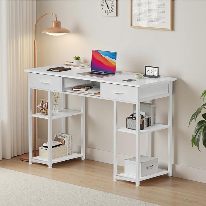 OLIXIS Desk with Storage Fabric Drawers-48 Inch Home Office Computer Desk for Small Space Bedroom,Modern Study Work Gaming Writing Table PC Desks,Chic White