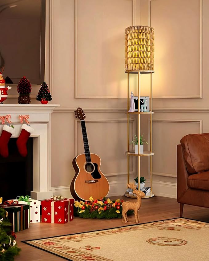 Lightdot 61" Rattan Floor Lamp with Shelves, 3-Tier Storage Shelves with 3000K Bulb Included, Solid Wood Design, Corner Bookshelf Floor Lamps for Living Room/Sofa Beside/Corner Decor-Gold
