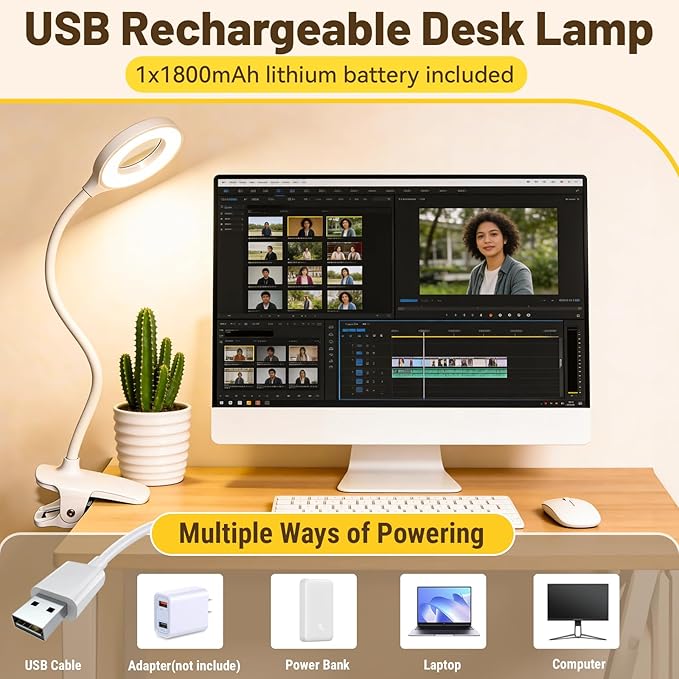 Clip on Reading Light for Bed Headboard, Rechargeable Battery with Large Clamp, 5 Colors & 5 Brightness Flexible Neck Desk Lamp, Eye Protection LED Touch Control Book Light for Kids, Bunk Bed, (White)