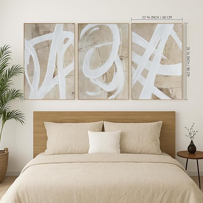 Zessonic Neutral Abstract Wall Art Minimalist White Brown Pastel Paint Strokes Shapes Textured Framed Wall Decor Large Canvas Paintings- Living Room Bedroom Office Modern Neutral 24"x36" 3 piece