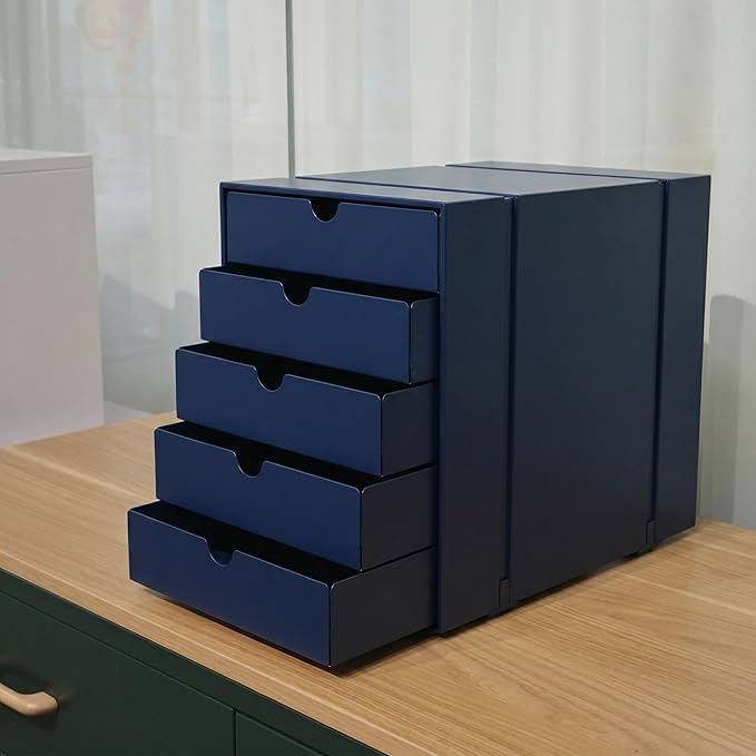 Modern Steel 5-Drawer File Cabinet For Desk, Document Storage Box, Office Desktop Filing Organizer, Drawer Organizer, desk caddy (Navy Blue)