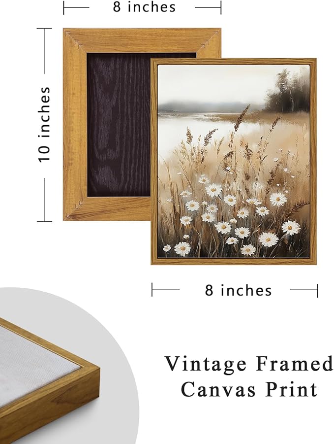 ARPEOTCY Vintage Framed Canvas Wall Art, Retro Countryside Wildflower Field Canvas Prints Decor, Farmhouse Floral Painting Landscape Wall Art for Living Room, Bedroom, Bathroom(8 x 10 Inch)