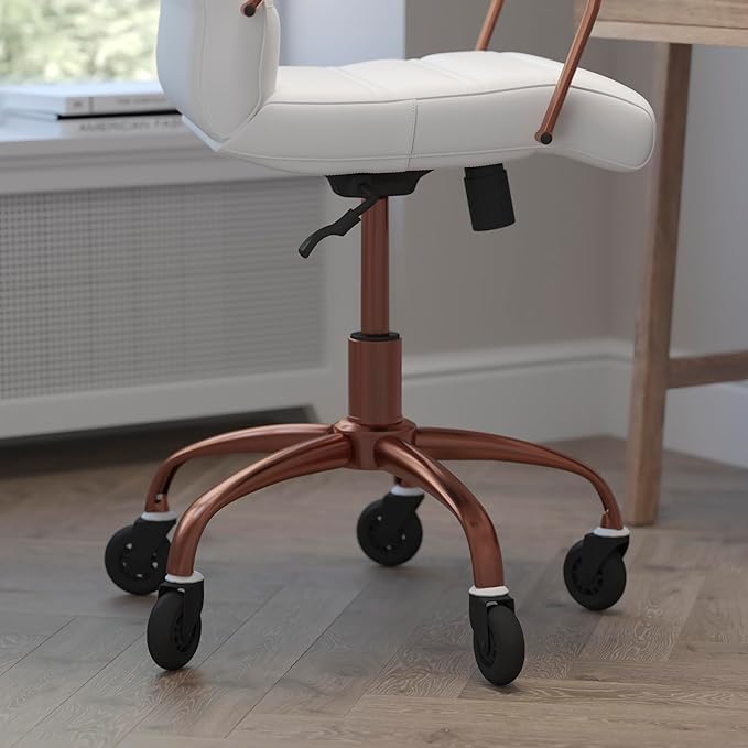 Flash Furniture Camilia Mid-Back White LeatherSoft Executive Swivel Office Chair with Rose Gold Frame, Arms, and Transparent Roller Wheels
