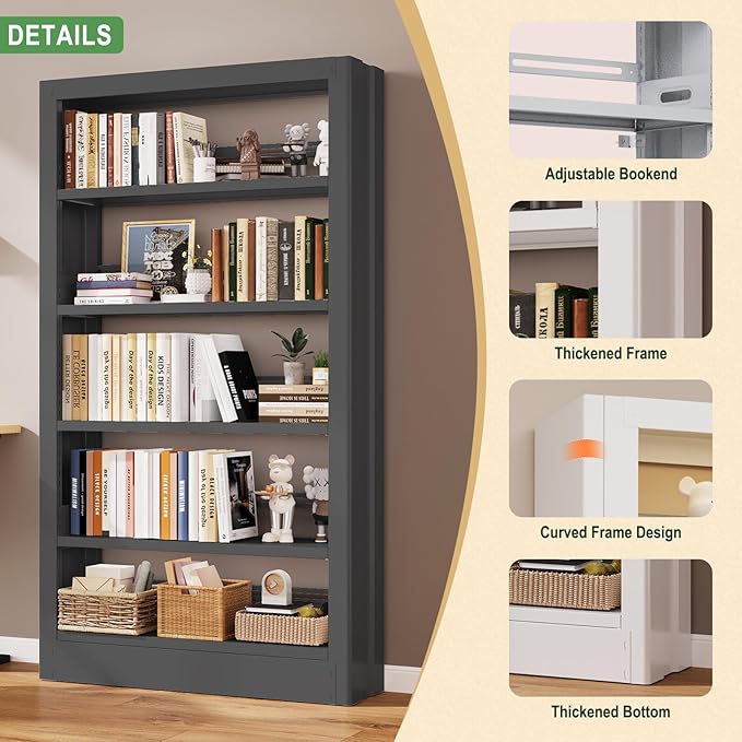 Metal Bookshelf, 5-Tier Bookcase with Adjustable Storage Shelf, 71" Tall Bookcases Heavy Duty bookcase with Bookends, Modern Bookshelf for Living Room, Library, Bedroom,Includes Book Stoppers-Black