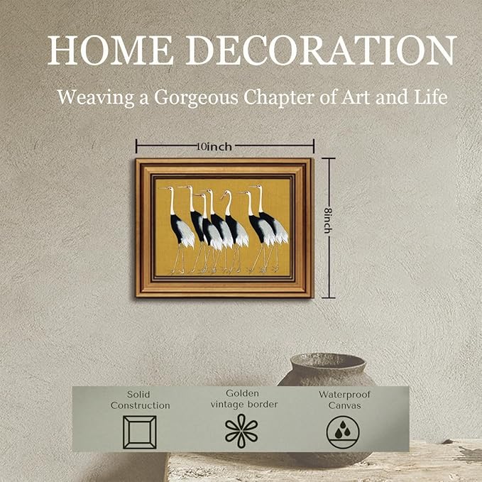 Gold Framed Wall Art Vintage Canvas Wall Art Seven Cranes Animals Artwork Artwork Prints Picture for Living Room Bedroom Farmhouse Bathroom Office Decor, 8x10