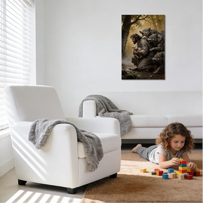 YOUHONG Jesus Wall Art and the Lamb Canvas Religious Wall Decor Christian Art Christian Posters Jesus Protect the Lamb from Wolves - Canvas with Built-in Wooden Frame for Home Decor (24x36 Inch)