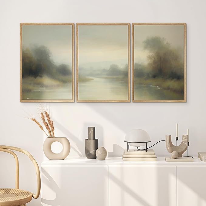 SIGNWIN Framed Wall Art Print Set Misty River Landscape Soft Neutral Nature Scene Photography Modern Art Closeup Relax/Calm Dark for Living Room, Bedroom, Office - 16"x24"x3 Natural