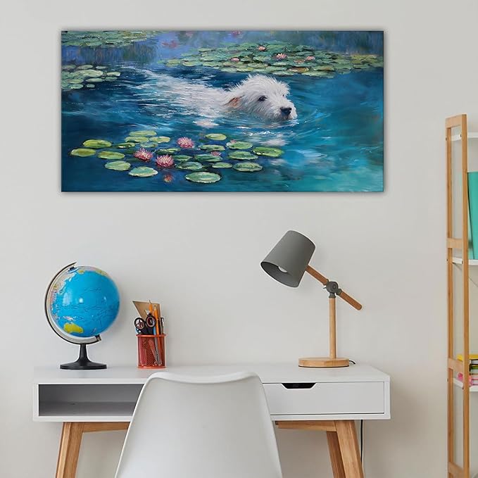 Dog Monet Wall Art with - Large Canvas Wall Art for Bedroom - Framed Landscape Pictures Decor - Classic Vintage Artwork for Living Room, Bedroom, or Office Paintings Wall Decor 24×48IN