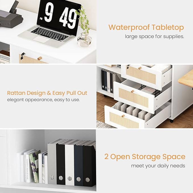 AWQM 2pcs Wood File Cabinet with Lock,3 Drawer Mobile Office Storage Cabinet with 2 Open Shelves,Printer Stand with Storage Lateral Filing Cabinet Printer Cabinet for Home Office,White