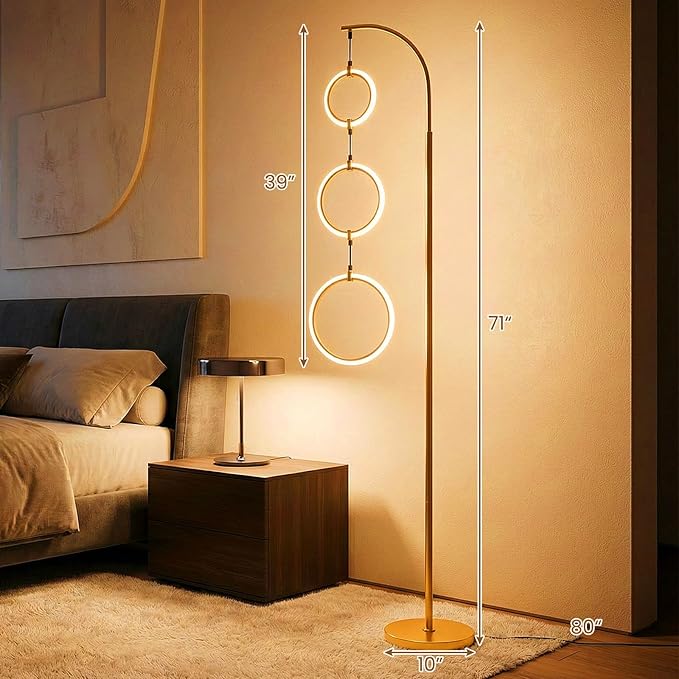Giantex 71'' Modern 3-Ring LED Floor Lamp, Dimmable Standing Lamp with Foot Switch, 3 Color Temperatures Tall Contemporary Light for Living Room, Bedroom, Office, Gold