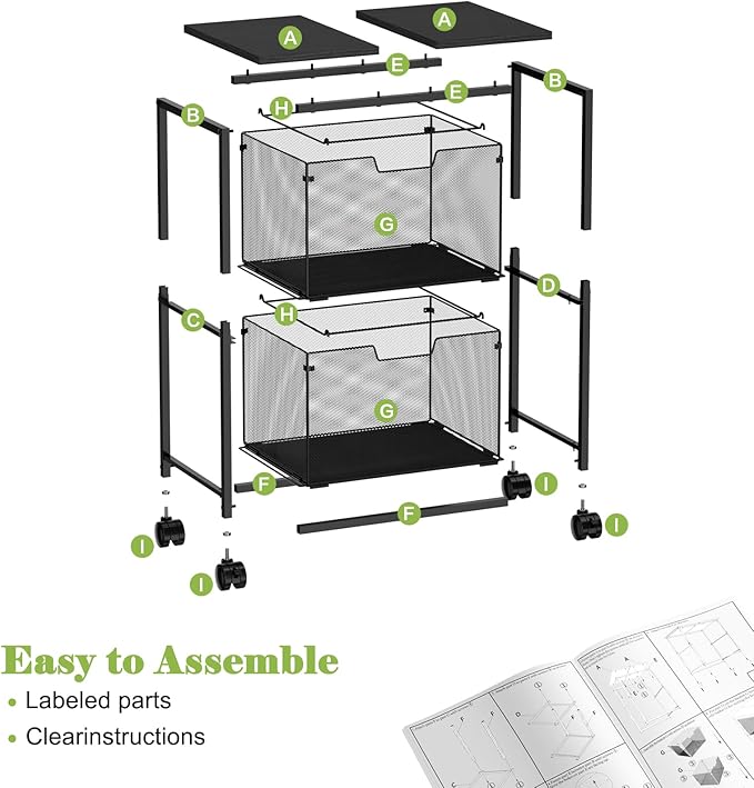 Letter/Legal Rolling File Cart with 2 Storage Drawers, Under Desk Storage, Vertical Filing Cabinet for Home Office, Hanging File Folders Organizer, Mobile Utility Cart Printer Stand, Black