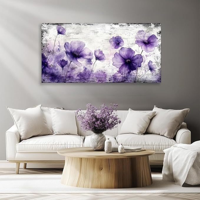 JLXART Canvas Wall Art for Living Room Decor Purple Floral Picture Modern Watercolor Poppy Painting Artwork Home Decor Framed Wall Decor Small Size 20 x 40 in Ready to Hang