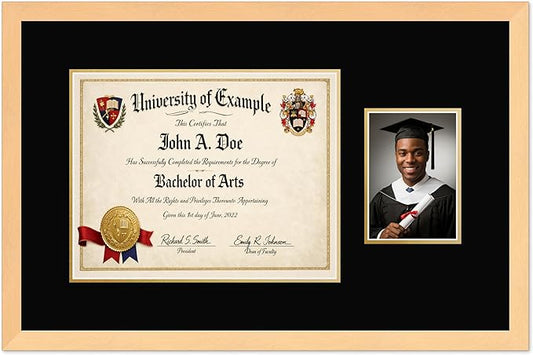 CountryArtHouse Fits 14 x 11 College Diploma (Modern) and 5 x 7 Photo Diploma and Photo Frame Natural Wood Genuine Hardwood with Black Over Metallic Gold Double mat