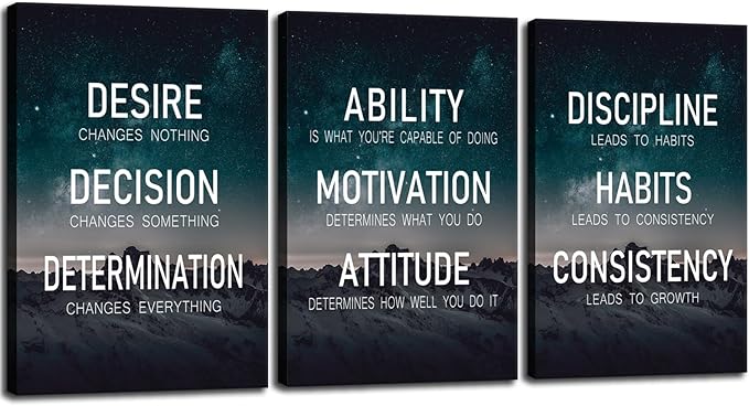 Motivational Wall Decor“The Elements of Success:Discipline-Habits-Consistency-Attitude -Determination” Set of 3 Positive Posters Inspirational Wall Art for Home Gym Bedroom Living Room[48''Wx 24''H]