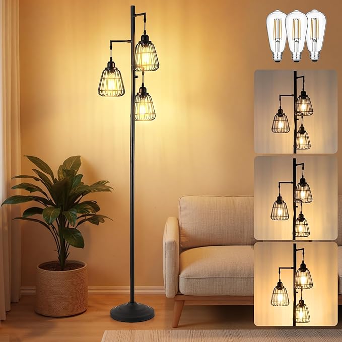 Black Dimmable 70'' Floor Lamp for Living Room Farmhouse 3-Light Tall Lamp with Bird Caged Lampshade Bedroom Floor Tree Standing Lamp (3xLED Bulb Included) - 315603BK