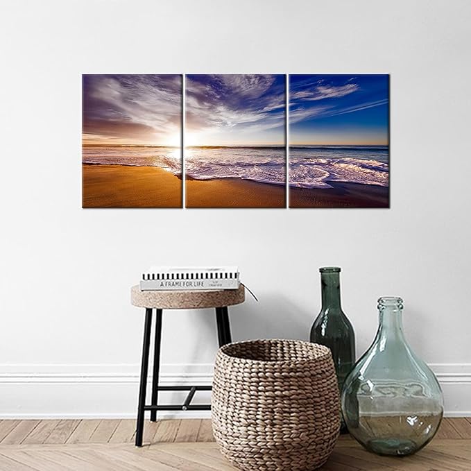 Nature Landscape Canvas Wall Art Beach Gold Sunset HD Picture Print Ocean Theme 3 Pieces Posters Painting Wall Decor Artwork for Modern Home Bedroom Bathroom Kitchen Ready to Hang [36''W x 16''H]