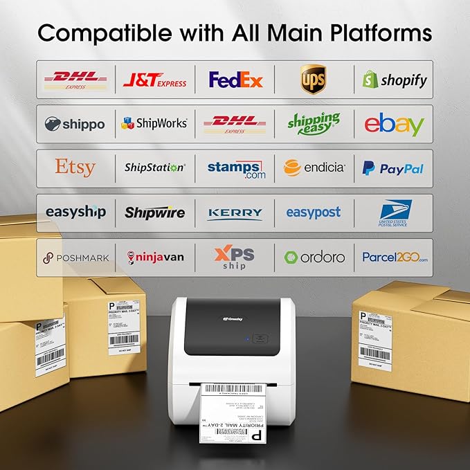 Bluetooth Shipping Label Printer with 1 Roll Labels - D520BT Thermal Label Printer, Thermal Printers with Built-in Label Holder, Come with 500PCS 4x6‬ White Labels (500 Labels/Roll)