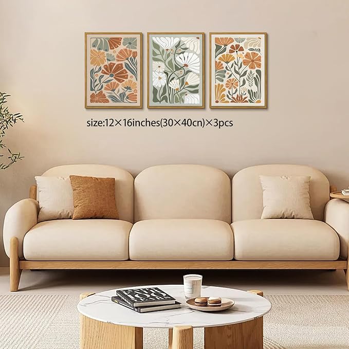 KISSFOX Framed Canvas Wall Art Abstract Floral Botanical Print Set of 3 Green Beige Wildflower Flower Market Paintings Boho Modern Minimalist Pictures Decor Bedroom Bathroom Living Room