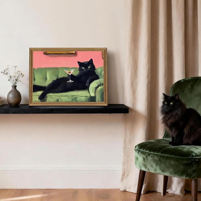 Fantasy Artists Humorous Black Cat Character Wall Art – Relaxed Anthropomorphic Illustration with Playful Attitude, Framed Canvas for Living Room, Office or Creative Space, 12W X 16H