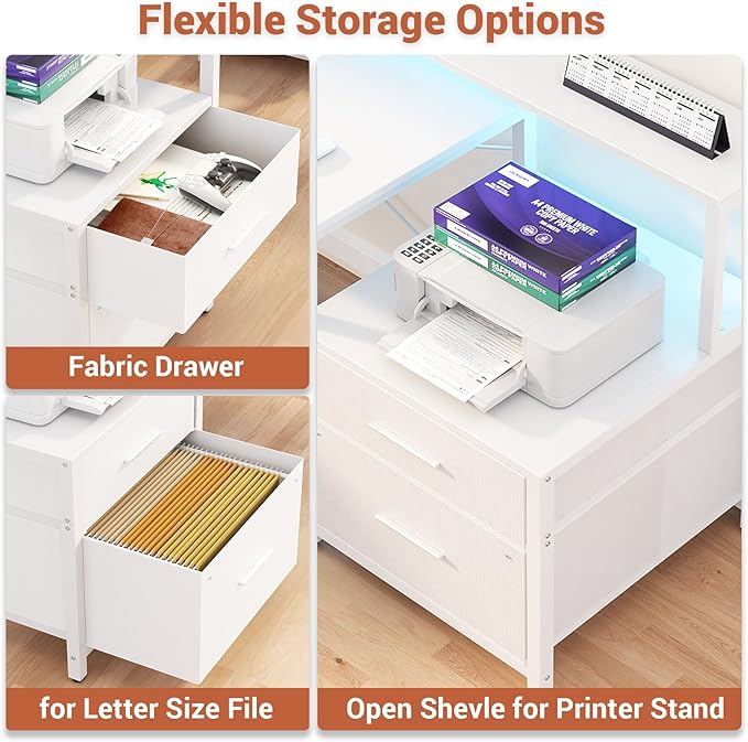 Aheaplus L Shaped Desk with File Drawer, 66" Reversible L Shaped Computer Desk with Power Outlet & LED Strip, Gaming Desk with Long Monitor Stand, Office Desk Corner Desk with Storage Shelf, White