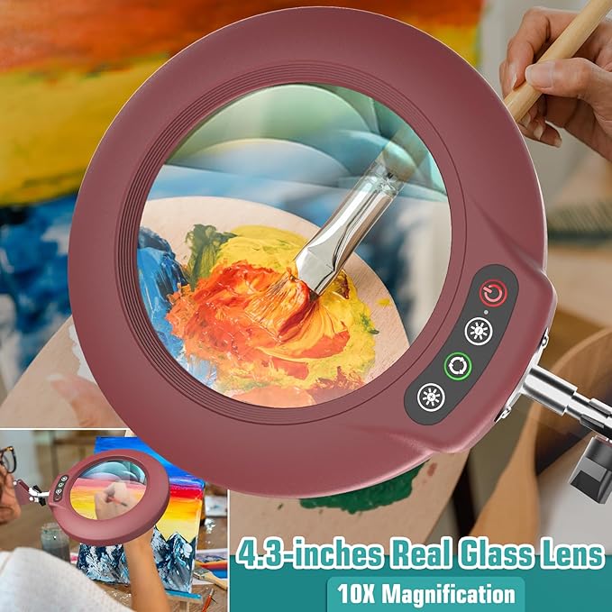 10X Magnifying Glass with Light and Stand, Real Glass Lens (Not Acrylic), 5 Color Modes, Stepless Dimmable, LED 3-in-1 Floor Lamp, Swing Arm with Clamp, Lighted Magnifier Hands Free for Crafts - Red