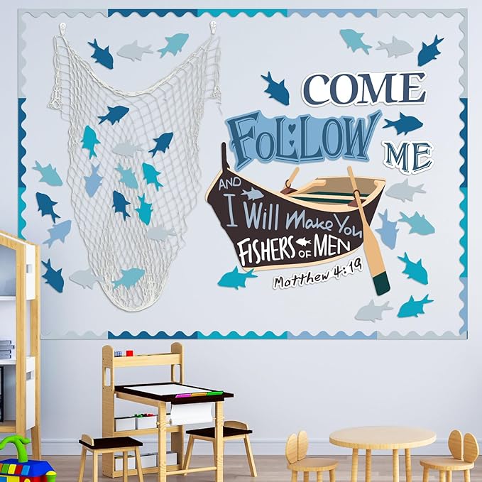 76 Pcs Christian Bulletin Board Decorations Set, Religious Fishers of Men Classroom Bulletin Board, Jesus Church Chalkboard Decorations Cutouts Kit for Sunday School Wall Decor Supplies