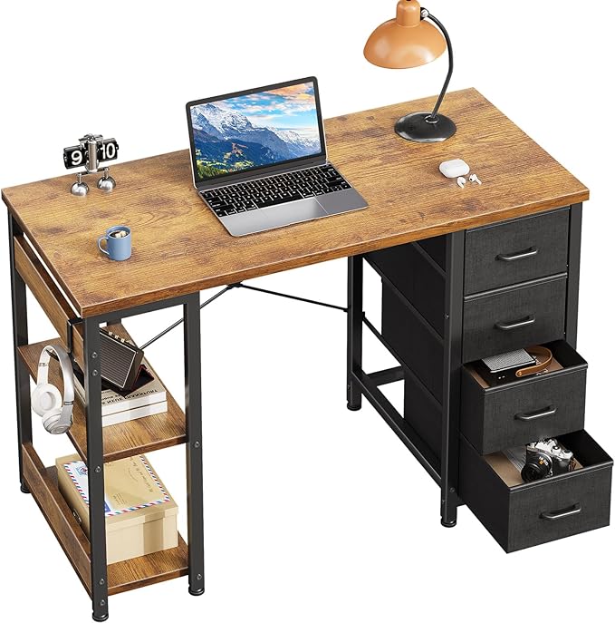 Casaottima 40 Inch Small Computer Desk with 4 Fabric Drawers, Modern PC Desk for Small Spaces, Home Office Desk with Storage Shelves, Vintage