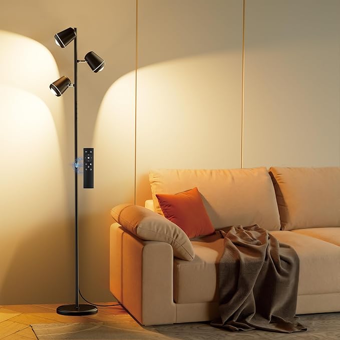 36W LED Tree Floor Lamp, Upgraded 3 Rotatable Lights Standing Lamp with Remote & Touch Control, Dimmable Tall Lamp Modern Floor Lamps for Living Room Bedroom Office
