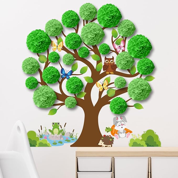 Spring Tree Bulletin Board Set Decorations for Classroom Spring 3D Green Tree Cutouts with Paper Pom Poms Paper-Cuts for Woodland Whimsy Party School Nursery Classroom Birthday Party Decor
