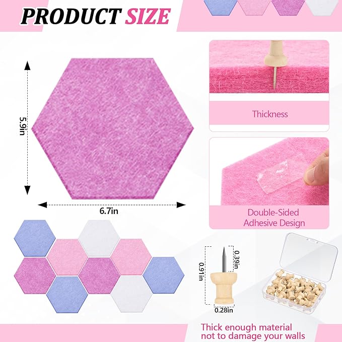 16 Pcs Hexagon Cork Board for Walls with 50 Wooden Push Pins 6.7 x 5.9 in Felt DIY Tiles Notice with Nano Tape Hanging Bulletin Board for Home Photo Office Memo Note (Pink)