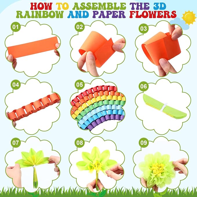 Blosssound Spring Bulletin Board Decorations April Showers Bring May Flowers Decorations 3D Spring Flower Rainbow Cutouts with Paper Flowers Blackboard Wall Decals for School Home Party Decor