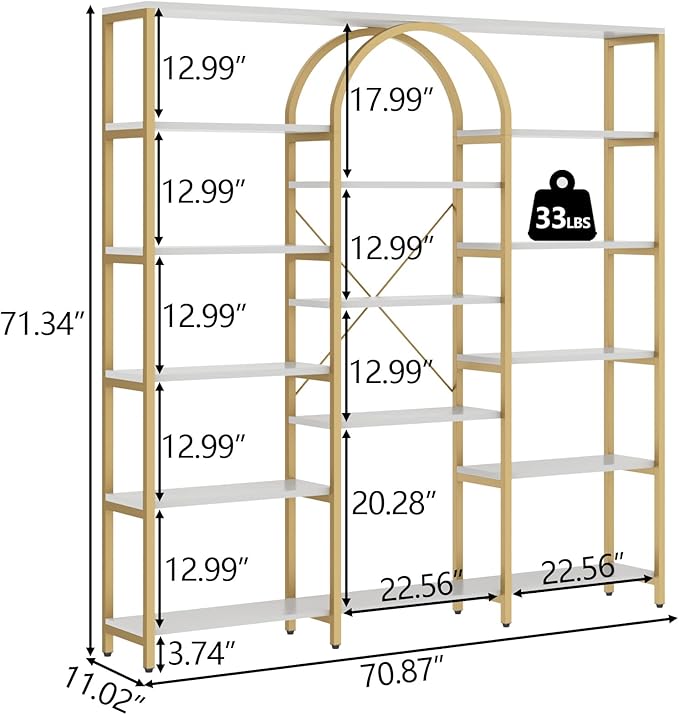 Auromie Triple Wide Gold Bookshelf, 70.87" W x 71.34" H Large Modern Etagere Bookcase, Tall Display Shelf with 13-Tier Open Shelves, Freestanding Staggered Storage Shelf for Home Office, White/Gold