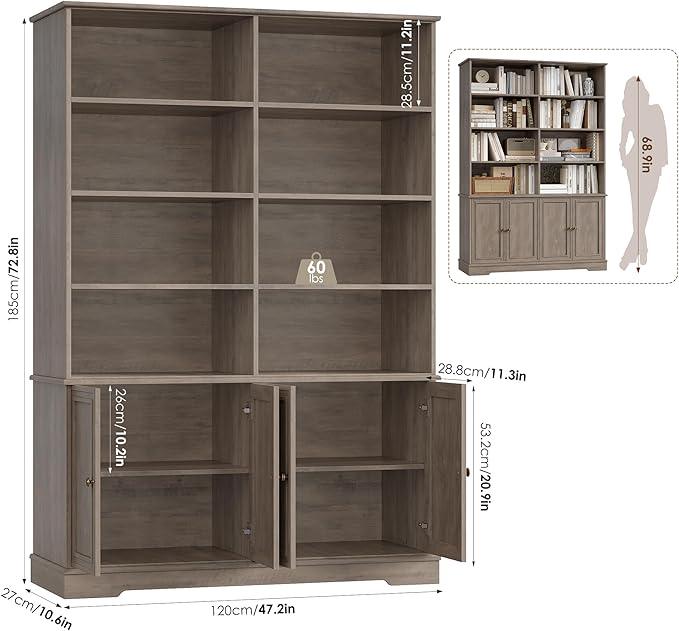 FINETONES 73" Tall Bookshelf with Doors, 6 Tier Large Bookshelf Double Wide Bookcases and Bookshelves with Storage, Large Display Cabinets for Home Office,Living Room, Library