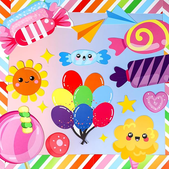 gisgfim Sweet Candy Things Happen Here Bulletin Board Decorations Back to School Colorful Paper Cutouts Sweet Candy Bulletin Board Set for Kindergarten Preschool Elementary Wall Decor Supplies