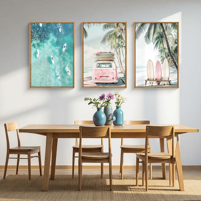 HOURIA Summer Surfboard Beach Framed Canvas Wall Art Set,Modern Ocean Surfing Seascape Wall Decor,Coastal Bus Coconut Tree Wall Painting,Nature Botanical Art Prints for Living Room, Bedroom-24 x36 x3