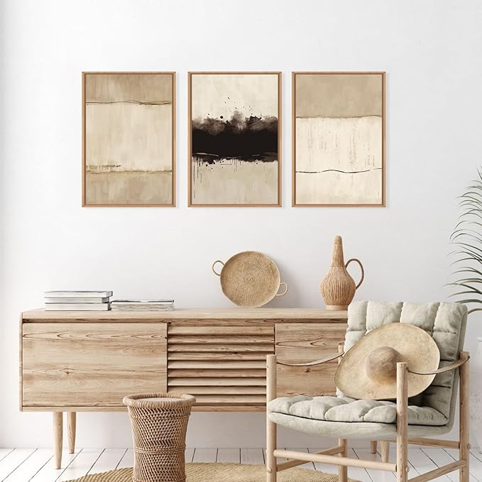 Ausril Large Neutral Textured Framed Canvas Wall Art Set, Minimalist Beige Shapes Wall Decor, Abstract Grunge Landscape Wall Painting, Modern Textured Art Prints for Living Room, Bedroom 24"x36"x3