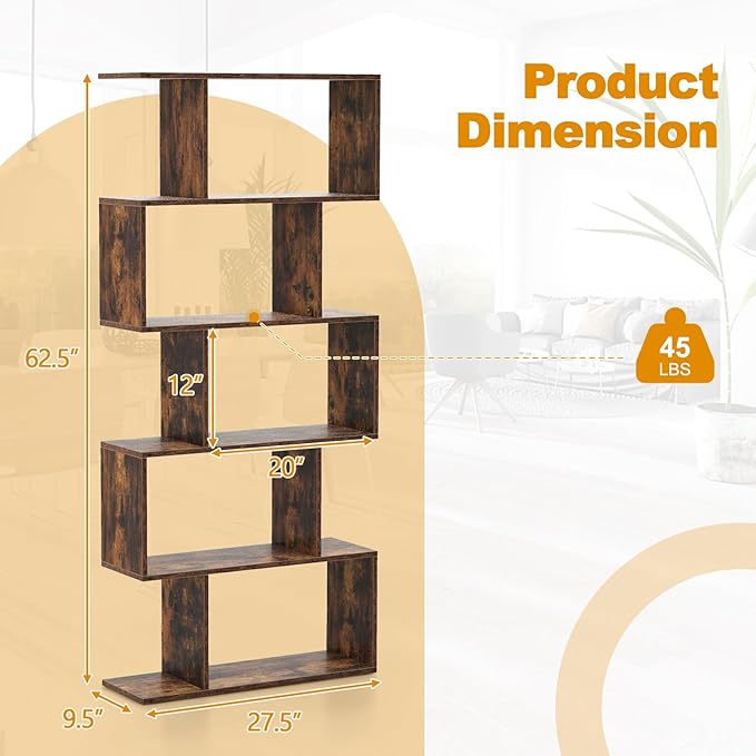Tangkula 5-Tier Geometric Bookshelf, S Shaped Bookcase w/Anti-Toppling Device, Freestanding Room Divider, Industrial Wood Open Display Shelf for Living Room Home Office (1, Rustic Brown)
