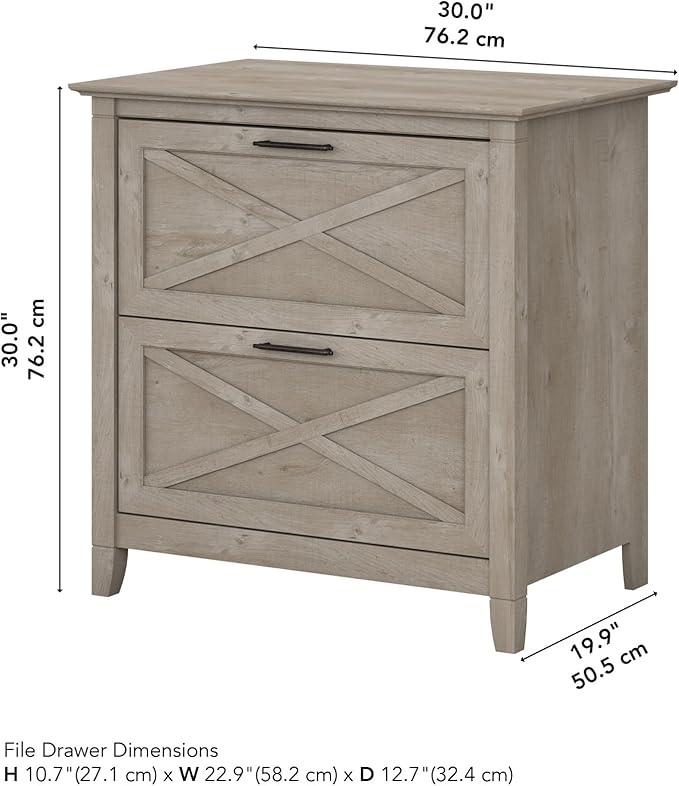 Bush Home Key West 2 Drawer Lateral File Cabinet in Washed Gray, Document Storage for Home Office, Accent Chest with Drawers
