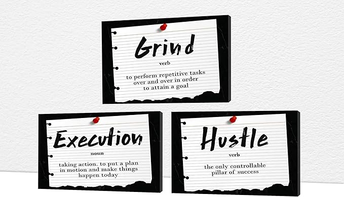 Office Wall Art - 3 Panel Motivational Wall Art, Inspirational Quotes Canvas Art for Home Office Wall Decor, Positive Quotes Wall Decor, Entrepreneur Grind Hustle Execution Poster Frame (12”x24”x3Pcs)