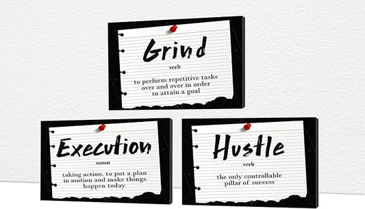 Office Wall Art - 3 Panel Motivational Wall Art, Inspirational Quotes Canvas Art for Home Office Wall Decor, Positive Quotes Wall Decor, Entrepreneur Grind Hustle Execution Poster Frame (16”x24”x3Pcs)