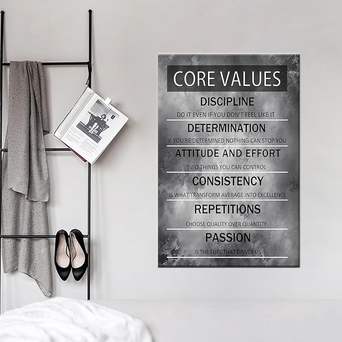 Motivational Canvas Wall Art Black and White Poster Print Inspirational Core Values Entrepreneur Quotes Home Boys Girls Kids Room Living Room Office Wall Decoration Stretch and Framed [24''Wx36''H]