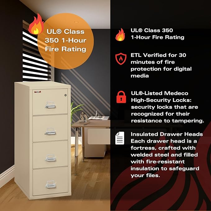 FireKing Fireproof Vertical File Cabinet, 4 Legal Sized Drawers, 52 .75in H, Made in The USA, 21 W x 31 D, (42131CPA)