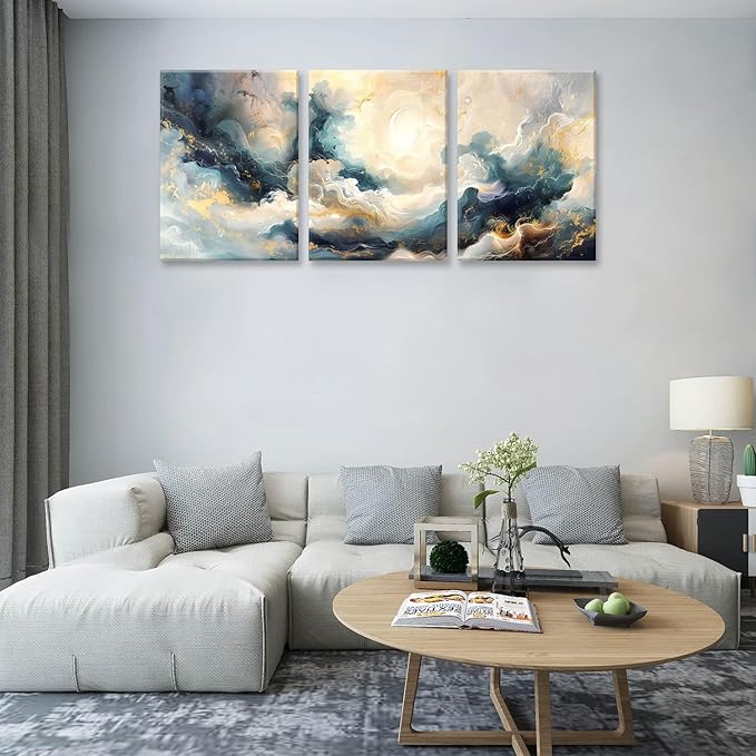 LYPHNX Framed Blue Abstract Fantasy Canvas Wall Art Minimalism Ink Painting Poster Set of 3 Modern ArtWork Navy Blue Gold Marble Prints Pictuer Wall Decor for Living room Bedroom Office Hotel 12"x16"