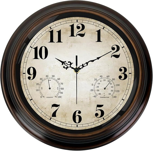 Vintage Wall Clock 16 Inch Quartz Silent Non-Ticking Analog Clock with Thermometer and Hygrometer, Battery Operated Rustic Round Decorative Clock for Living Room Kitchen Home Office