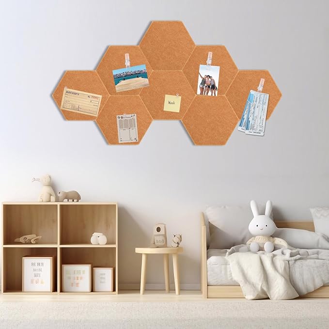 8 Pcs 12" Large Hexagon Felt Cork Bulletin Board Tiles Self Adhesive DIY Pin Board with 50 Push Pins and 10 Colored Clips, Wall Decor for Office Home Kitchen Photos Memos(Yellow)
