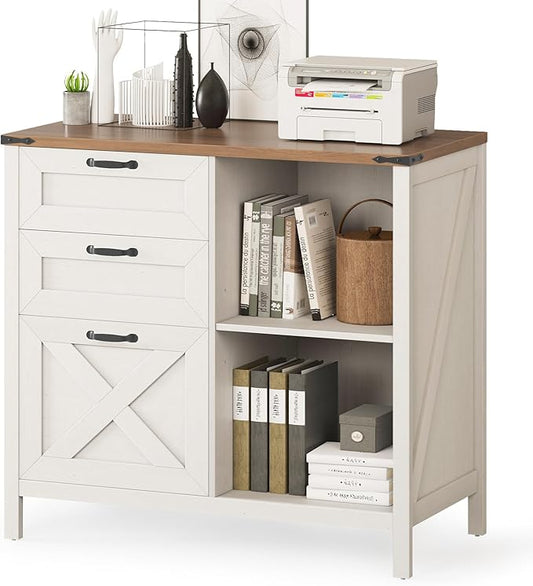 3 Drawer File Cabinet, Farmhouse Lateral Filing Cabinet Fits Files Letter or A4 Size, Wooden Printer Stand with Open Storage Adjustable Shelf for Home Office, Rustic White