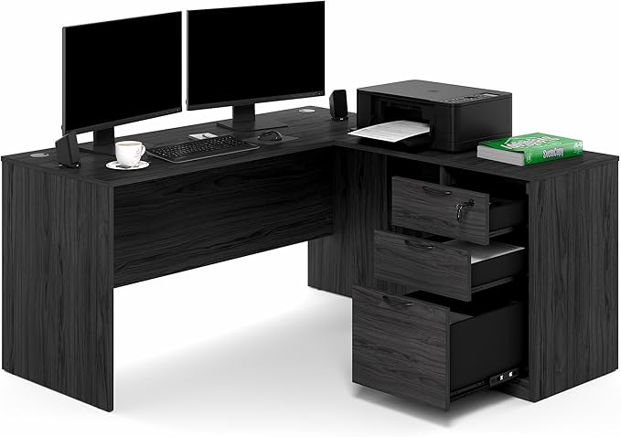 Furinno Roger 60 Inch L-Shaped Executive Desk with File Cabinet, L-Shaped Office Desk with 3-Drawer Fixed Pedestal Filing Cabinet, Desk Cord Grommet, for Home Office, Coastal Grey